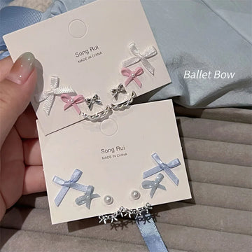 DAIIIBABYYY  -   Korean Fashion Ballet Style Ribbon Bow-knot Shape Pearl Stud Earrings Set for Women Kpop Pink Blue Charm Earring Jewelry